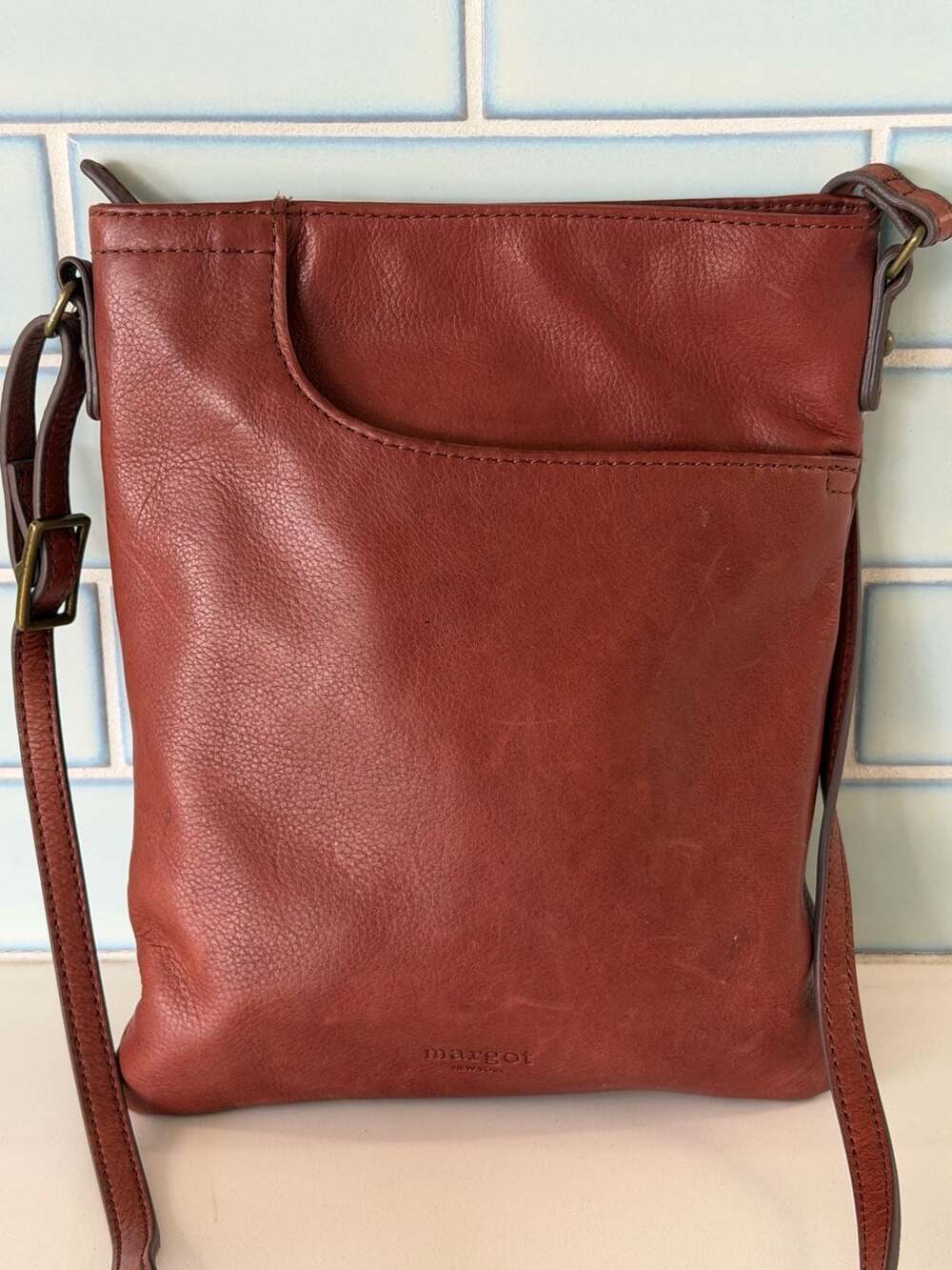 Margot New York Brandy Brown Leather Split Pocket Crossbody Bag